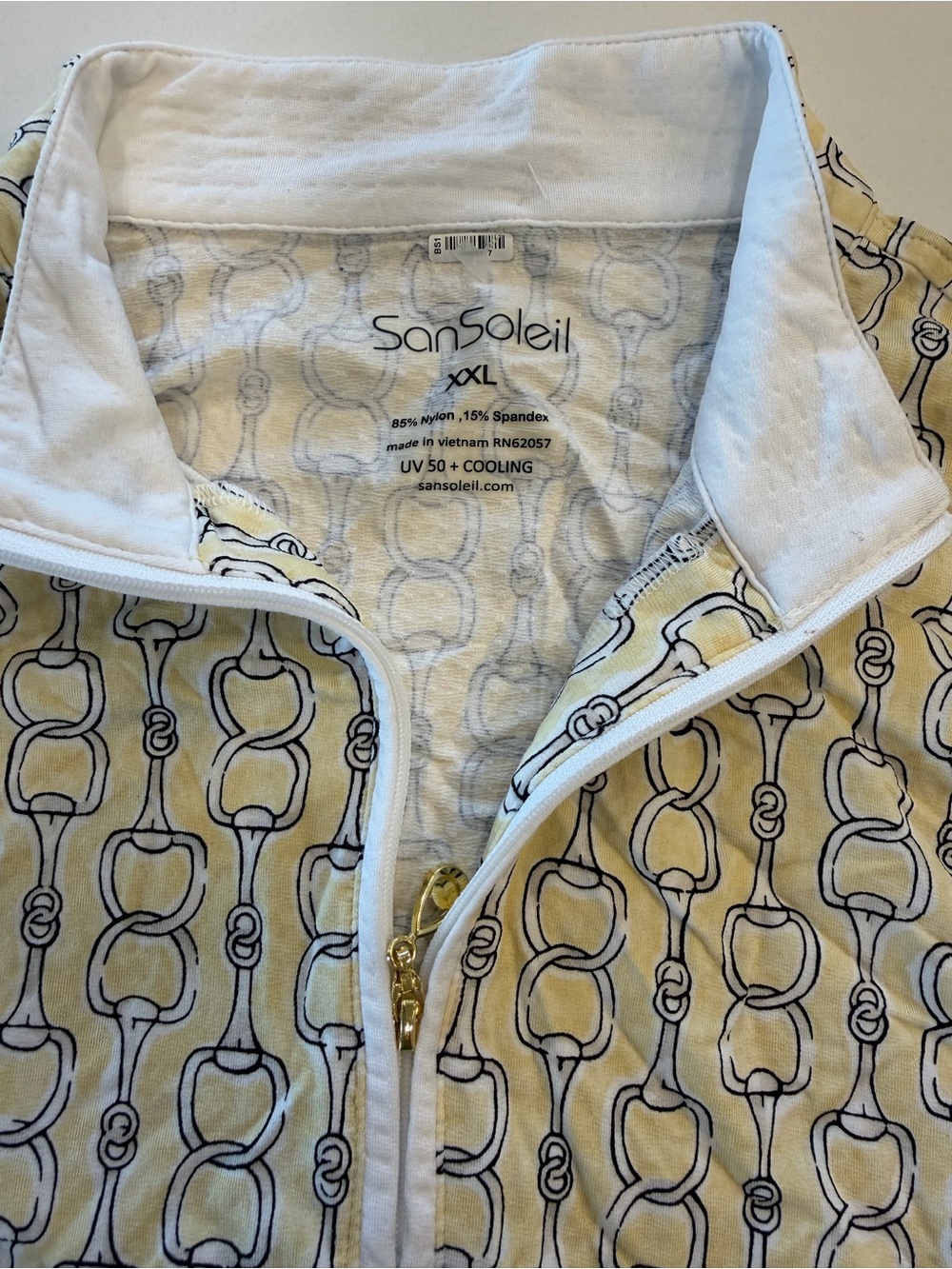 SanSoleil XX-L Zip Front Pullover - Yellow & White Chain Print